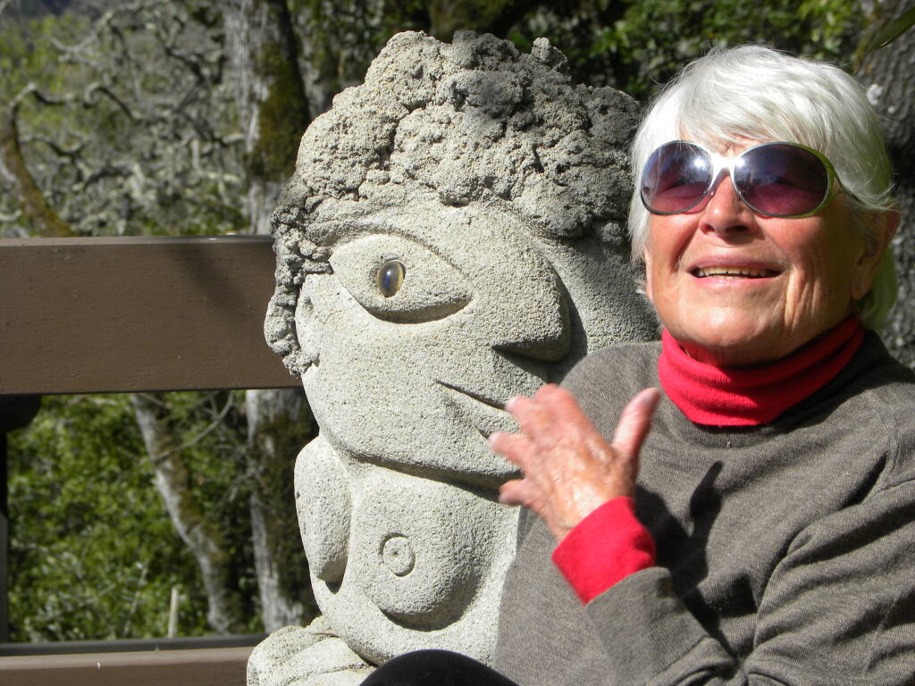 Sculptor and author Mary Fuller McChesney sits on her Sonoma Mountain deck in March 2013 with one of her sculptures. McChesney died May 4 in Petaluma at age 99. (Sheri Cardo)