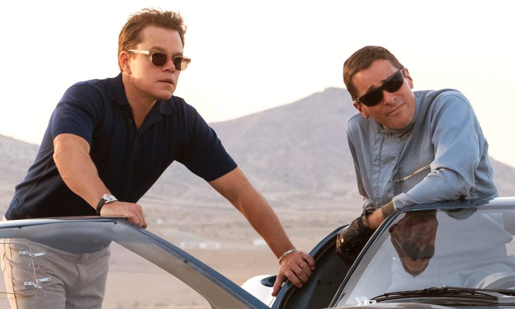 Legendary automotive designer Carroll Shelby (Matt Damon) and irascible racecar driver Ken Miles (Christian Bale) in ‘Ford v Ferrari.’