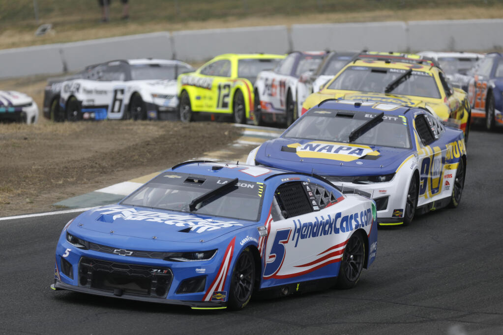Kyle Larson leads the pack during the 33rd Annual Toyota/Save Mart 350 at Sonoma Raceway on Sunday, June 12, 2022. (BETH SCHLANKER / The Press Democrat)