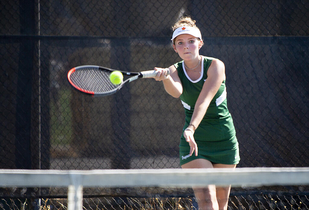 Sonoma Valley High School tennis player Sophia Vogt in a match on Tuesday, Sept. 7, 2021. (Photo by Robbi Pengelly/Index-Tribune)