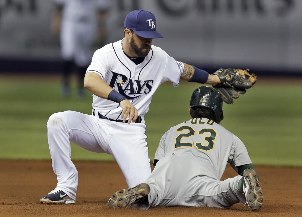 Tampa Bay Rays shortstop Nick Franklin tags out Oakland Athletics' Sam Fuld (23) attempting to steal second base during the seventh inning of a game Thursday, May 21, 2015, in St. Petersburg, Fla. (AP Photo/Chris O'Meara)