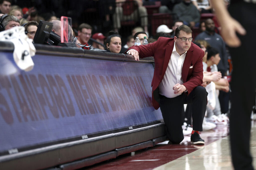 Stanford coach Jerod Haase watches the team during the first half against Cal on Thursday, March 7, 2024, in Stanford. (Scott Strazzante/ San Francisco Chronicle)