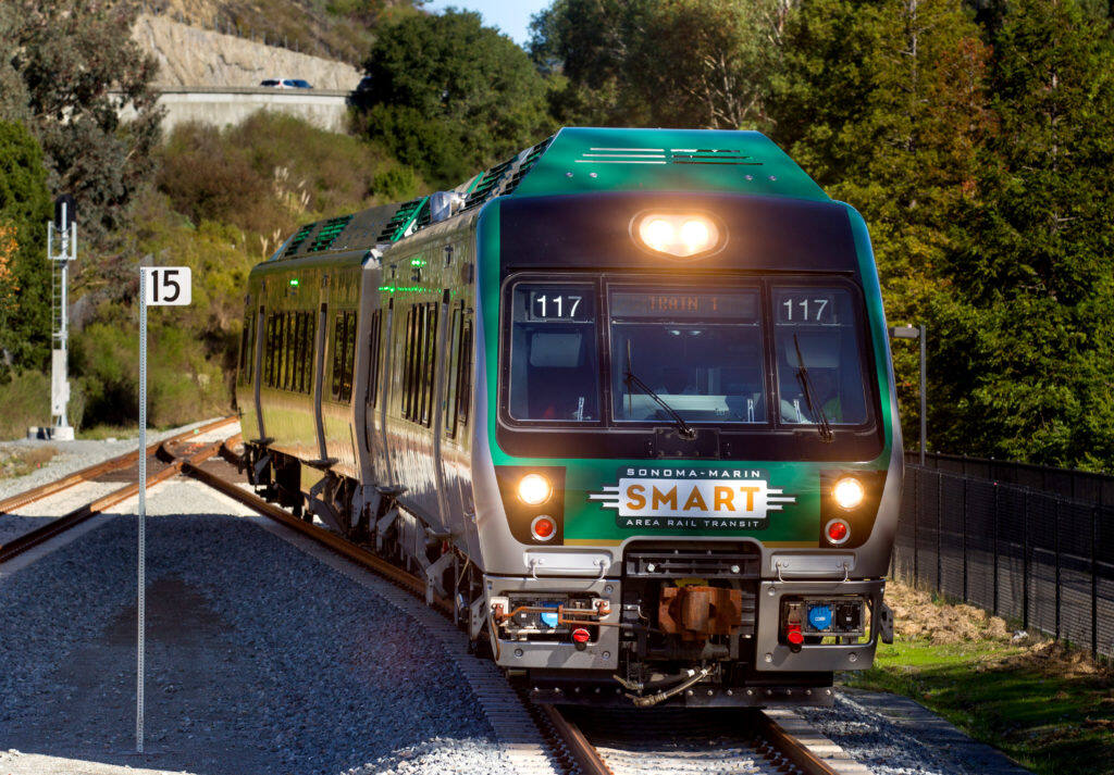 A SMART train arrives Southbound at the newly opened Larkspur SMART Train Station on its first inaugural ride to Larkspur, Calif., on Saturday, December 14, 2019. (Photo by Darryl Bush / For The Press Democrat)