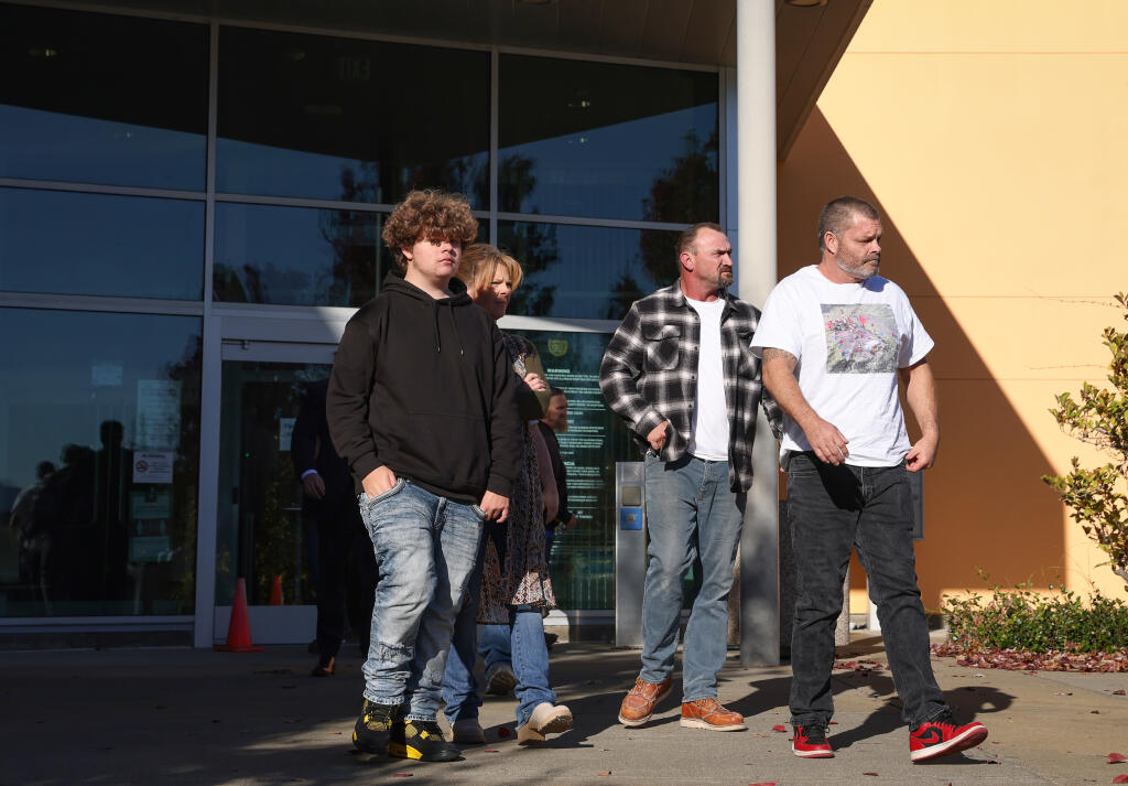 Supporters of fatal stabbing victim Jayden Pienta leave Sonoma County Juvenile Court after defendant Daniel Pulido was found not responsible for voluntary manslaughter in his death, Monday, Nov. 27, 2023. (Christopher Chung / The Press Democrat)
