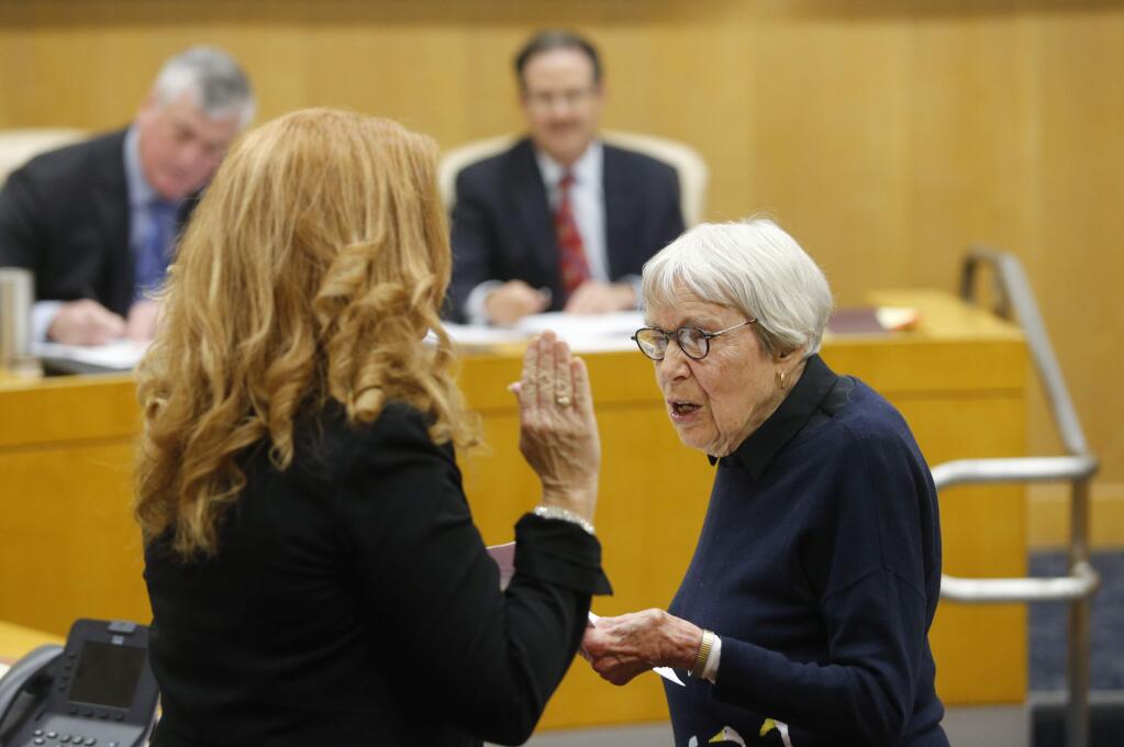 Helen Rudee, the first woman elected to the Sonoma County Board of Supervisors, swears in Supervisor Shirlee Zane on Jan. 10, 2017. (BETH SCHLANKER / The Press Democrat)