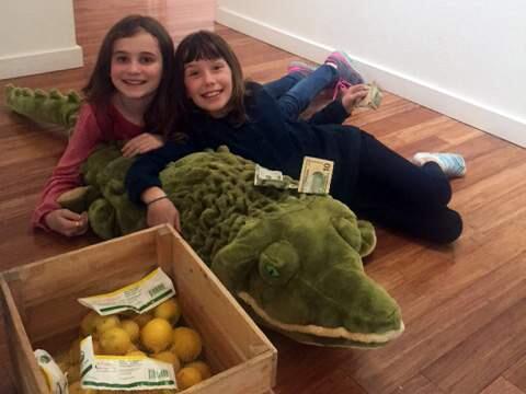 Heidi Dilling (left) and Ava Holbrook next to items that were donated in response to the theft of their lemonade stand: a crocodile, money and a crate with lemons. (FAMILY PHOTO)