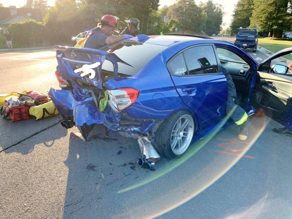 Two people were injured after a suspected drunken driver in a Porsche hit another vehicle, pushing it into traffic and causing a three-car crash at Old Redwood Highway and Valparaiso Avenue in Cotati on Sunday, July 7, 2019. (COTATI POLICE DEPARTMENT/ FACEBOOK)