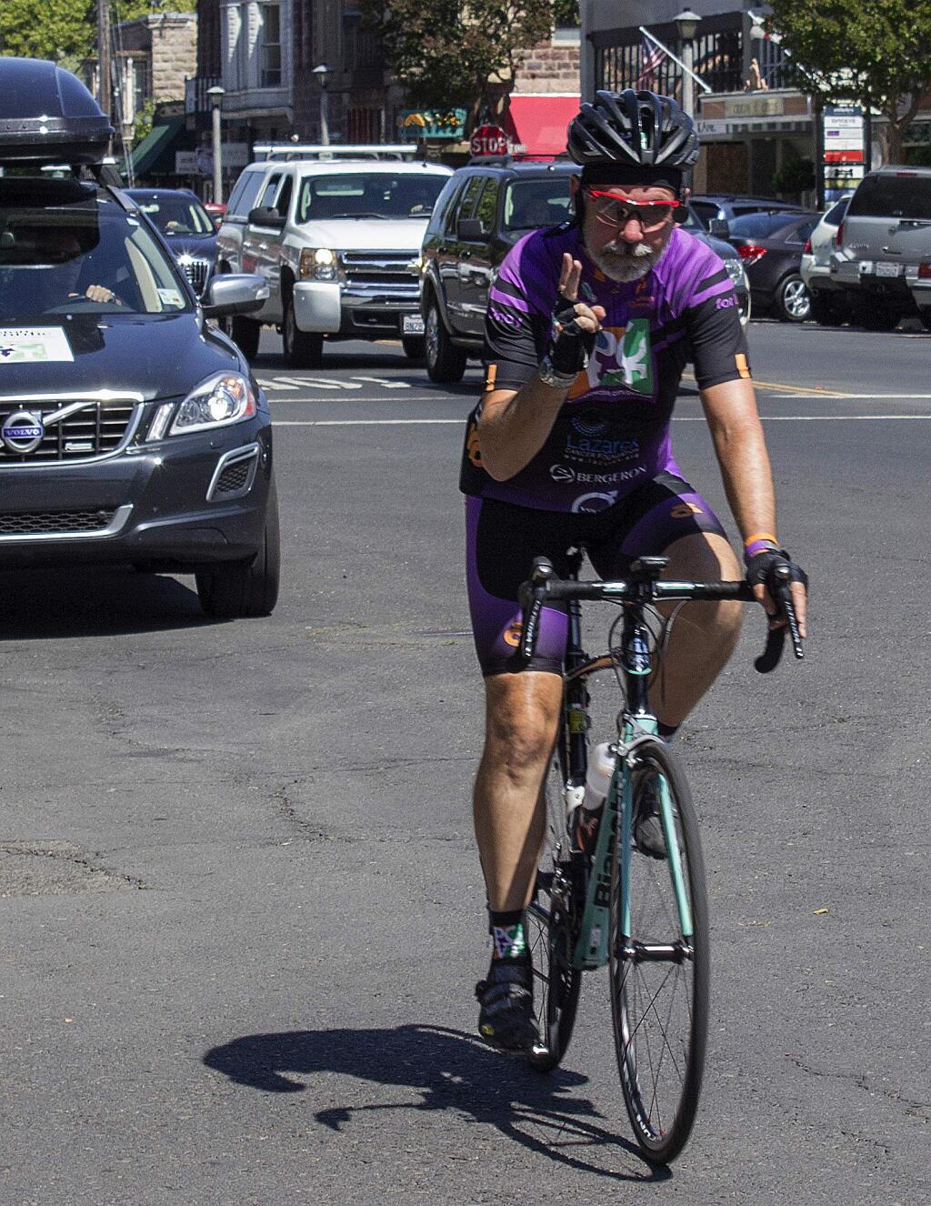 William Rohrs/Index-TribuneCyclist Eric McIntyre passed through Sonoma last week as part of a 7,200-mile bike ride to raise funding and awareness for pancreatic cancer.