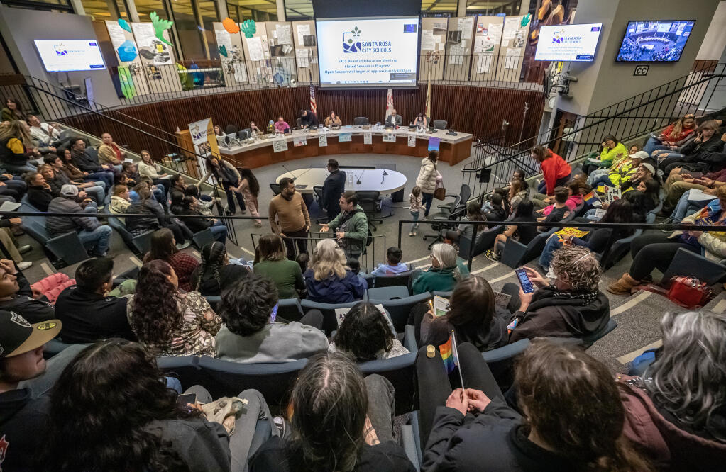 Parents, teachers and students pack Santa Rosa City Hall while finding seats at the start of the Santa Rosa City Schools board meeting, Wednesday Feb. 28, 2024. (Chad Surmick / The Press Democrat file)