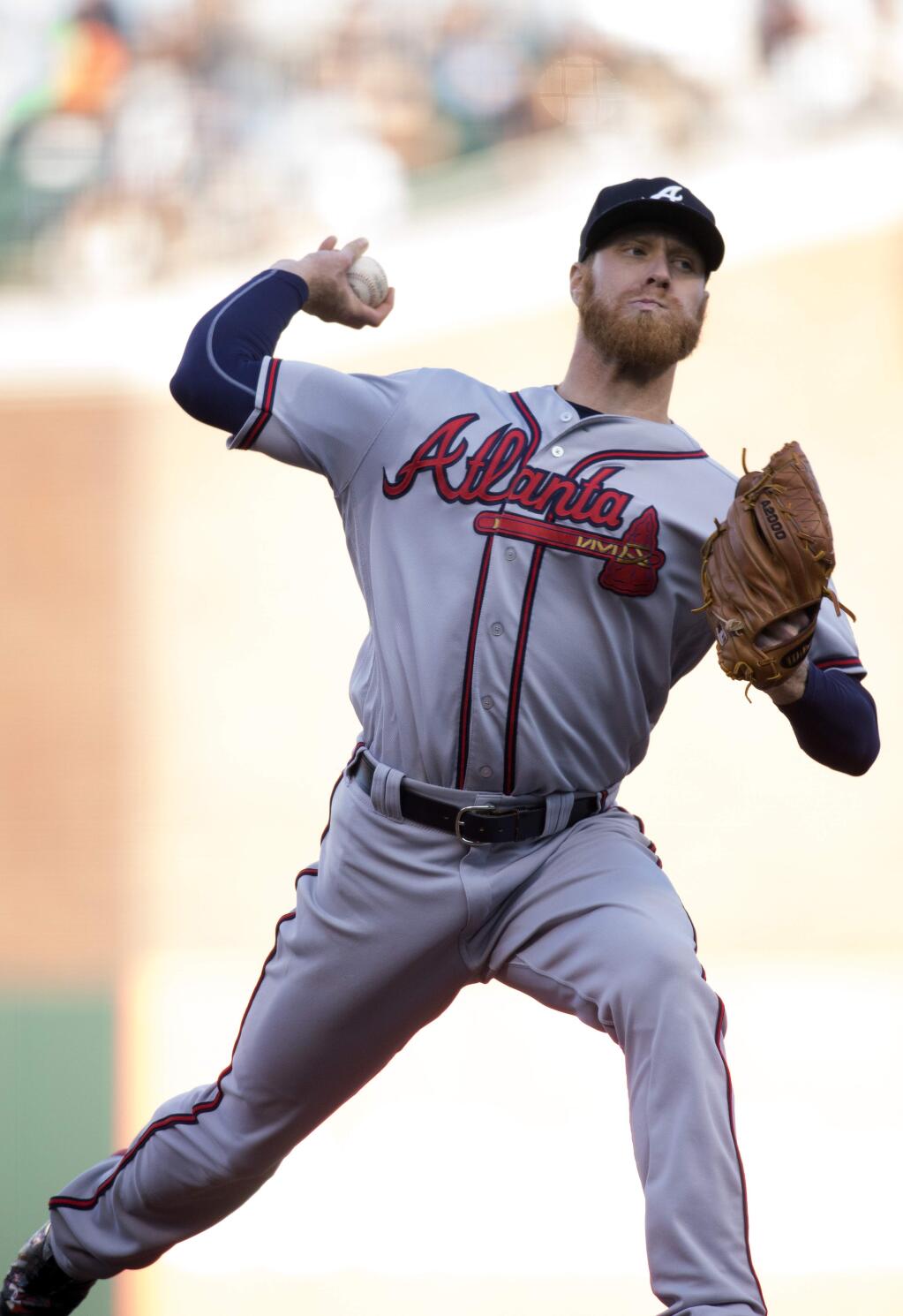 Atlanta Braves starting pitcher Mike Foltynewicz delivers against the San Francisco Giants during the first inning of a baseball game, Saturday, Aug. 27, 2016, in San Francisco. (AP Photo/D. Ross Cameron)