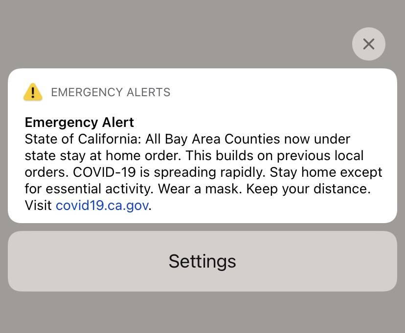 Una foto de pantalla de una alerta de emergencia enviada a los residentes del Área de la Bahía el viernes 18 de diciembre de 2020.
