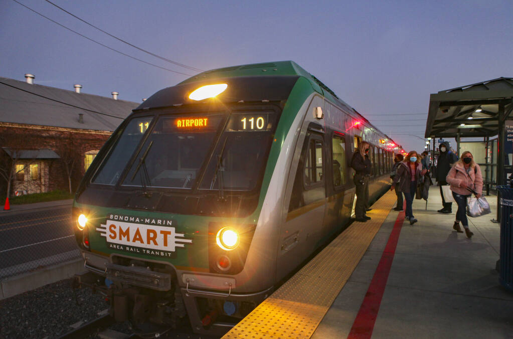 A SMART train stops at the downtown Petaluma station on its way north toward the Sonoma County Airport in Santa Rosa in this January 2022 Argus-Courier photo. (CRISSY PASCUAL/ARGUS-COURIER STAFF)