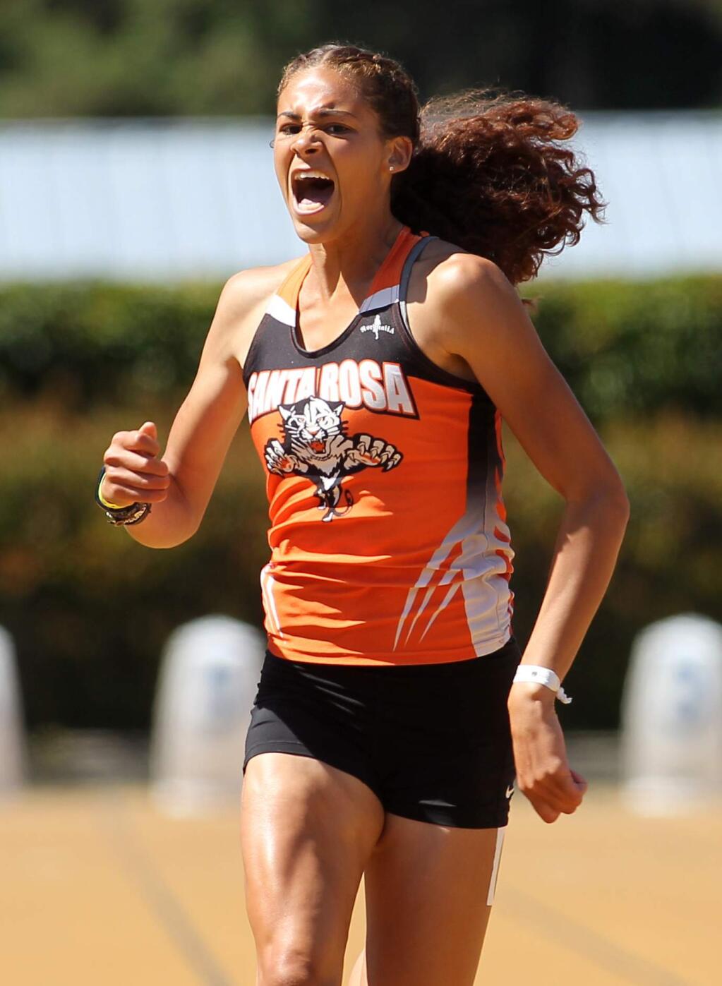Kristen Carter of Santa Rosa High yells as she finishes second place in the girls 200-meter dash during the track and field NCS Meet of Champions at UC Berkeley's Edwards Stadium, on Saturday, May 26, 2018. (Photo by Darryl Bush / For The Press Democrat)