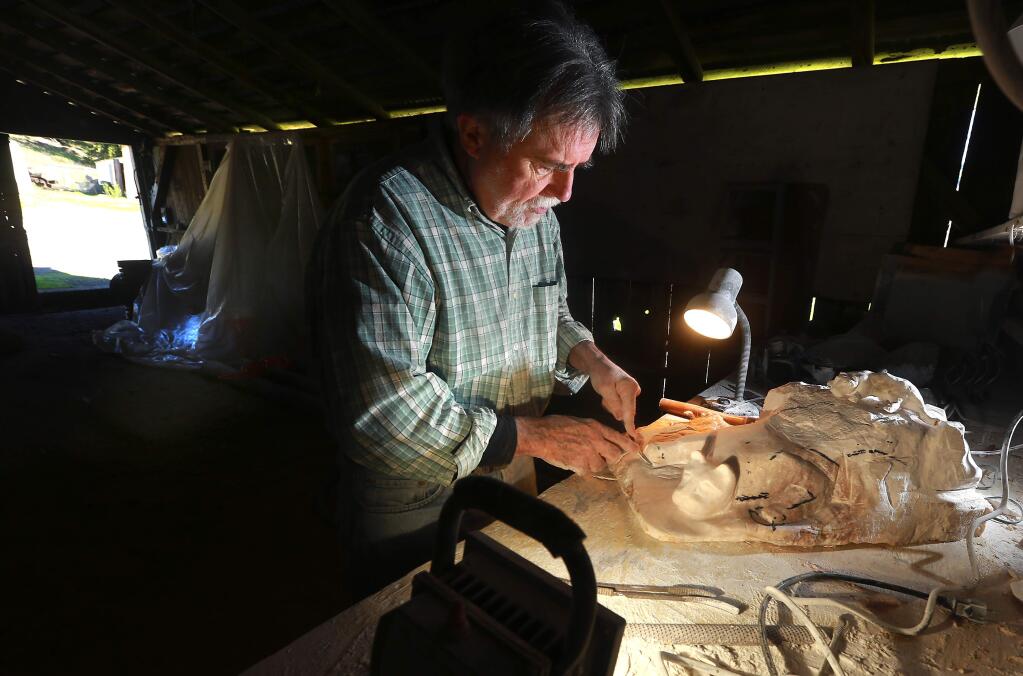 PHOTO: 3 by JOHN BURGESS / The Press Democrat -Oakmont resident Jim Foley needed a space for his dusty hobby of carving stone. He now carves his alabaster sculptures in a barn in Sugarloaf Ridge State Park and donates his finished sculptures, which have been sold to benefit the Kenwood park.