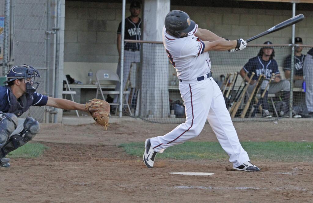 Bill Hoban/Index-TribuneSonoma's Caleb Bryson launches a long home run in Tuesday night's game against San Rafael. The Stompers came from behind and beat the Paficics 8-6.