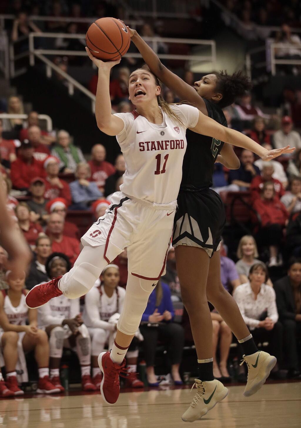 Stanford forward Alanna Smith shoots against Baylor guard Didi Richards during the second half in Stanford, Saturday, Dec. 15, 2018. (AP Photo/Jeff Chiu)