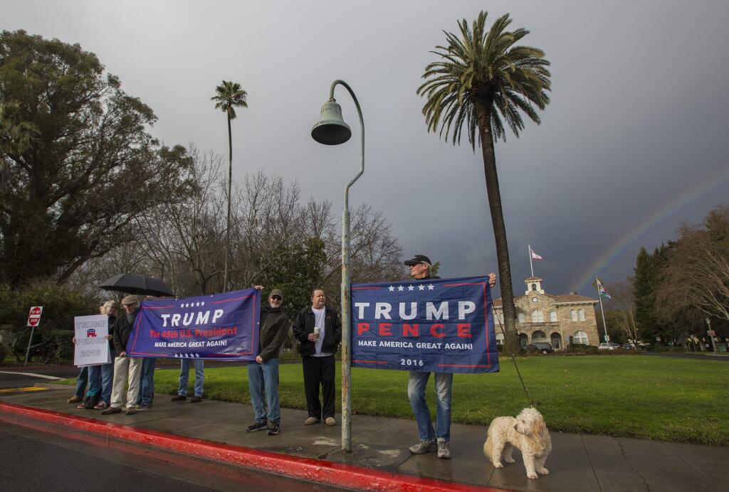 Trump support demonstration on the Sonoma Plaza, January 20, Inauguration Day. (Photo by Robbi Pengelly/Index-Tribune)