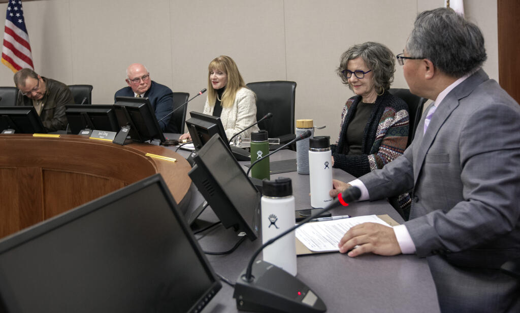 The new Sonoma City Council was seated on Wednesday, Dec. 7, 2022. From left, Ron Wellander, John Gurney, Sandra Lowe, Patricia Far-Rivas, and Jack Ding. (Robbi Pengelly/Index-Tribune)