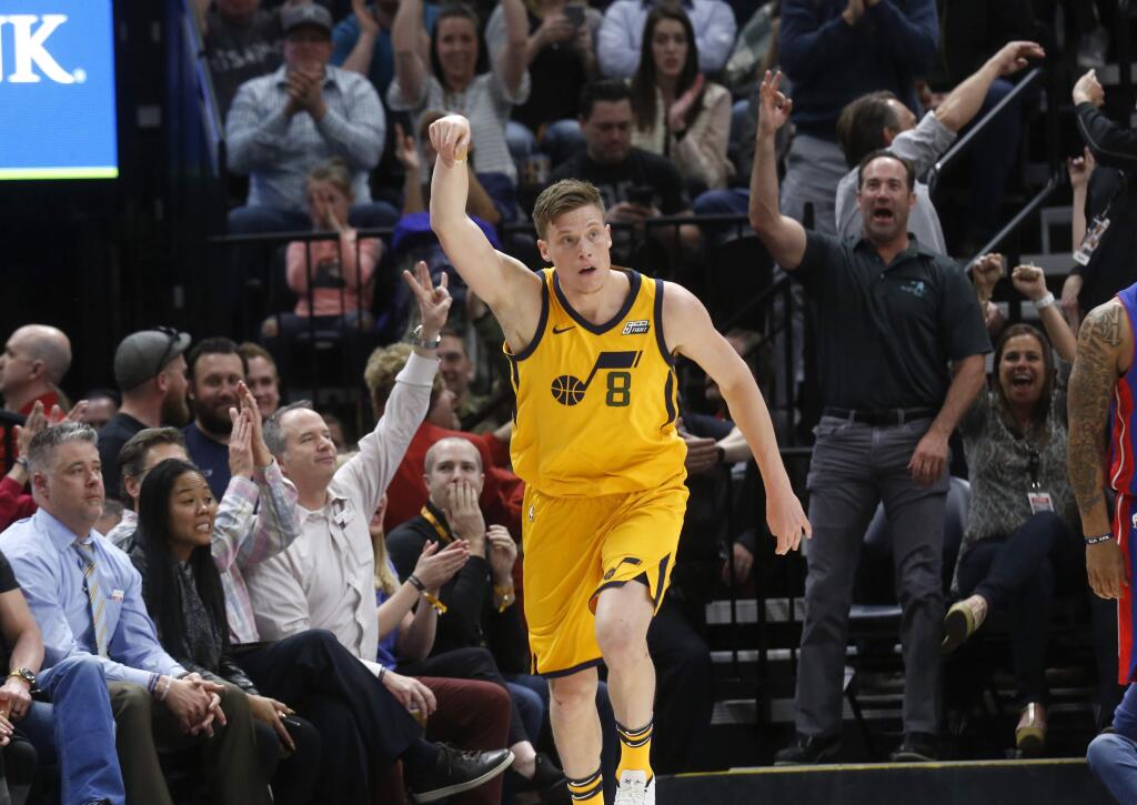 Utah Jazz's Jonas Jerebko reacts after scoring a 3-point shot in the first half against the Detroit Pistons on Tuesday, March 13, 2018, in Salt Lake City. (AP Photo/Kim Raff)
