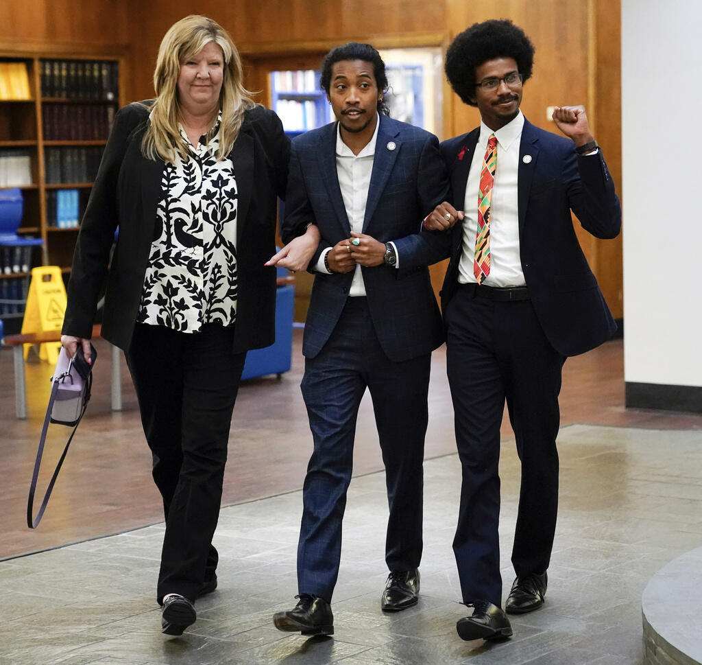 Gloria Johnson, Justin Jones and Justin Pearson arrive at Fisk University in Nashville to meet with Vice President Kamala Harris. Jones and Pearson were expelled from the Tennessee House of Representatives. Johnson survived an effort to expel her. (ANDREW NELLES /The Tennessean)