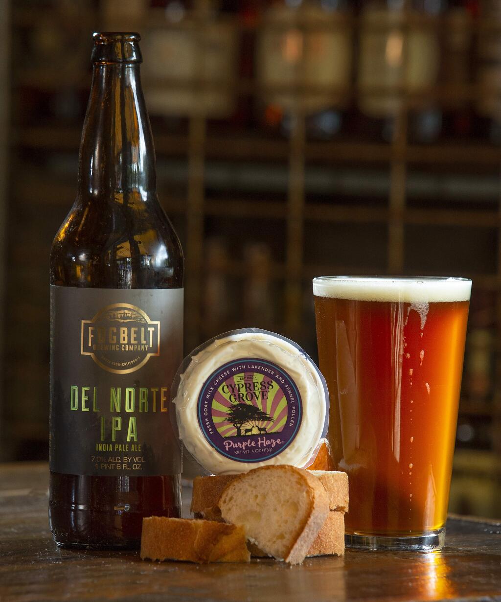 Fogbelt Brewing Co. owner Paul Hawley likes their Del Norte IPA with Cypress Grove's Purple Haze goat cheese with lavender and fennel. (photo by John Burgess/The Press Democrat)