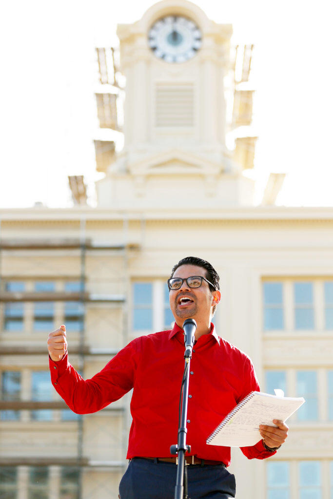 Ever Flores, president of the Healdsburg Area Teachers Association, speaks at Old Courthouse Square during a May Day rally in Santa Rosa, California, on Wednesday, May 1, 2019. (Alvin Jornada / The Press Democrat)