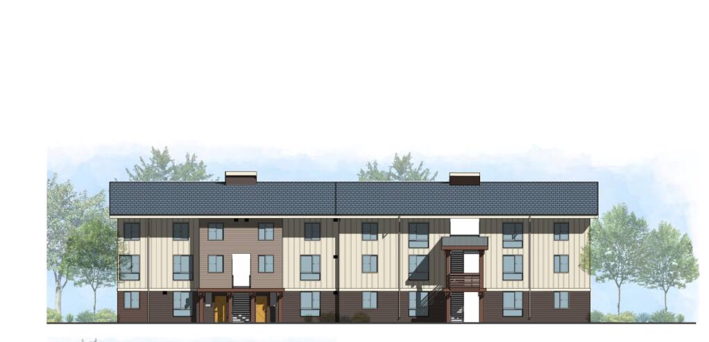 This rendering shows a planned 54-unit housing development for Kashia tribal members at 10221 Old Redwood Highway.