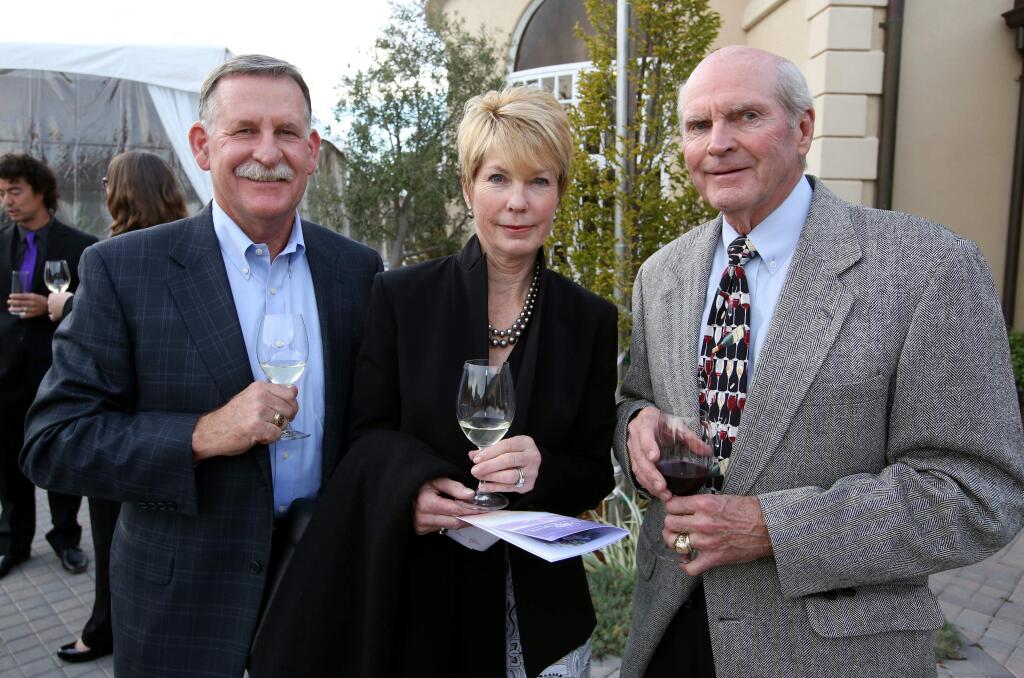 Scott Thayer, left, Michele Thayer, center, and Ken Waldorf, right, attended the inaugural fundraising event for 10,000 Degrees of Opportunity Gala held at at Kendall Jackson Wine Estate and Gardens, Thursday, October 16, 2014.(Crista Jeremiason / The Press Democrat)