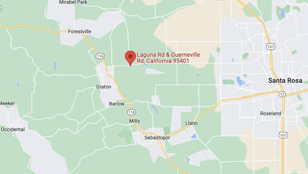 Guerneville Road was closed west of Santa Rosa on Wednesday after a crash resulted in a fuel spill, authorities said. (Google Maps)
