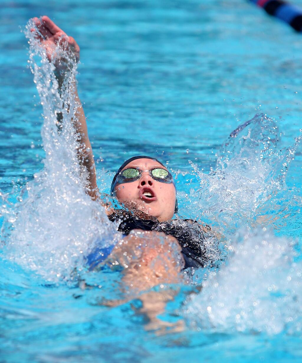 Petaluma's Riley Scott does the backstroke during the Girls 200 Yard IM during the 2015 NCS Swimming and Diving Championships held at Concord Community Pool, Saturday, May 16, 2015. Scott won the event.(Crista Jeremiason/ The Press Democrat)