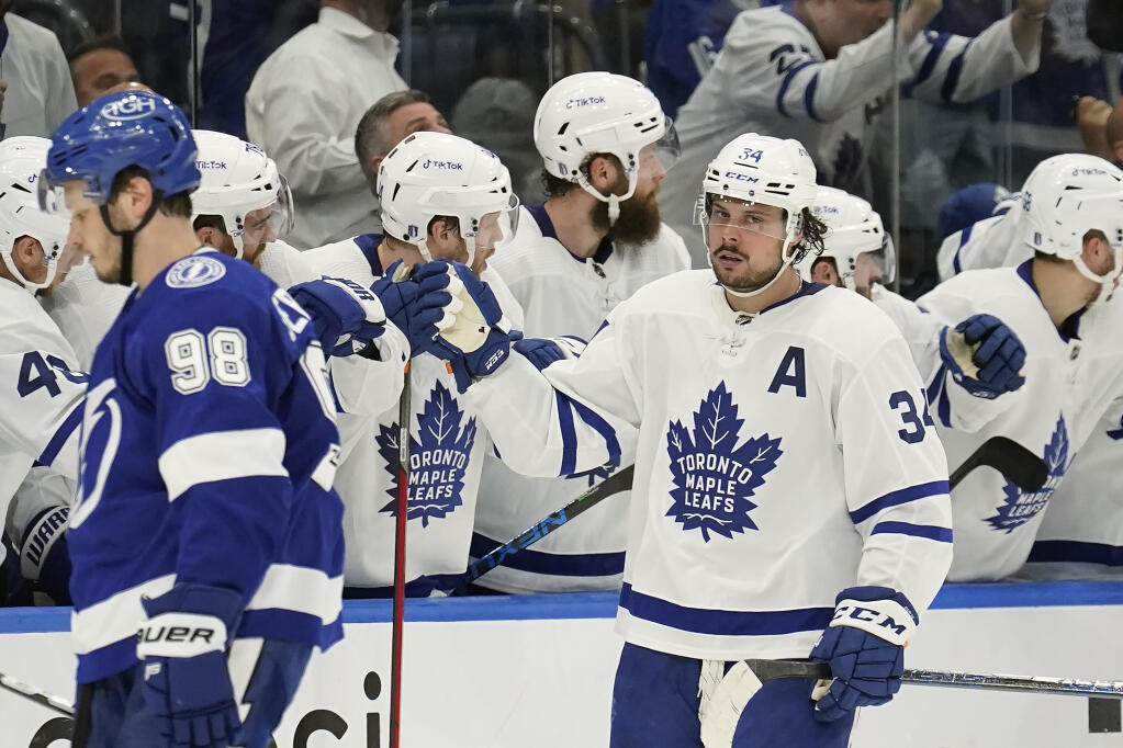 Toronto Maple Leafs center Auston Matthews (34) celebrates his goal against the Tampa Bay Lightning during the second period in Game 6 of a first-round playoff series Thursday, May 12, 2022, in Tampa, Fla. (AP Photo/Chris O'Meara)