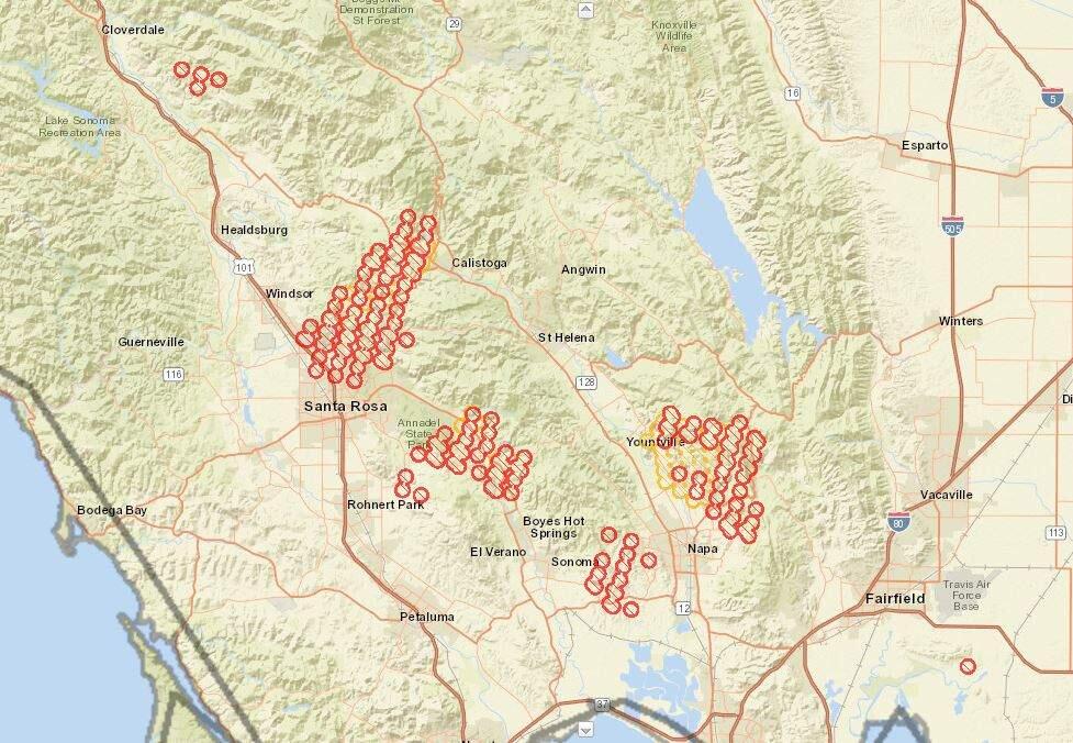 A map shows where fires are burning around Sonoma and Napa counties, created 1 p.m., Oct. 9, 2017. (USGS)
