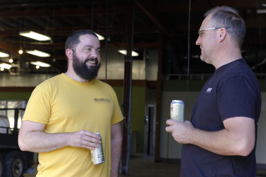 Petaluma, CA, USA. Tuesday, October 31, 2017._ Collin McDonnell and Scott Goyne, co-founders of Hen House Brewery tasted their Oyster Stout and Saison beers that they just started canning. They just obtained a lease for their new space in Petaluma where they are planning to open a tasting room and brewery. It was the former Petaluma Hills Brewery location on North McDowell. The third founder, Shane Goepel, not pictured, is 'still brewing'. (CRISSY PASCUAL/ARGUS-COURIER STAFF)