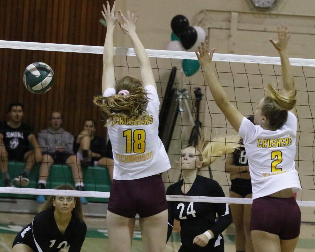 Bill Hoban/Special to the Index-TribuneSonoma's Giana Bruton (#10) and Gabby Knudson (#24) watch as a block by Vintage players drops over the net during Wednesday night's game. Vintage beat the Lady Dragons 3-0 in three close matches. The Lady Dragons are at Casa Grande on Tuesday.