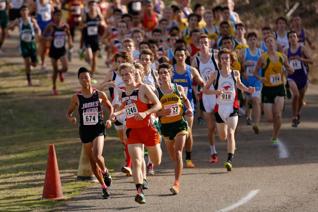 Santa Rosa's Luca Mazzanti leads a large pack of runners in the Division I boys race during the NCS cross country championship in Hayward on Saturday, Nov. 21, 2015. (Alvin Jornada / The Press Democrat)