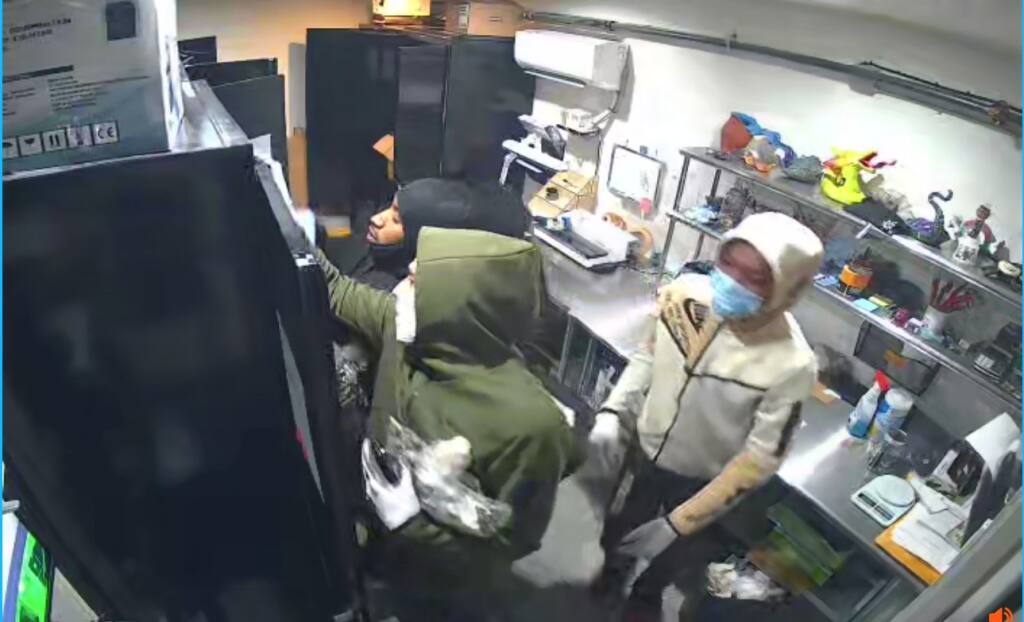 About eight to 10 individuals were seen on surveillance footage arriving at a Santa Rosa cannabis distribution business Thursday, Dec. 15, 2022, and stealing multiple items, according to police. (Santa Rosa Police Department)