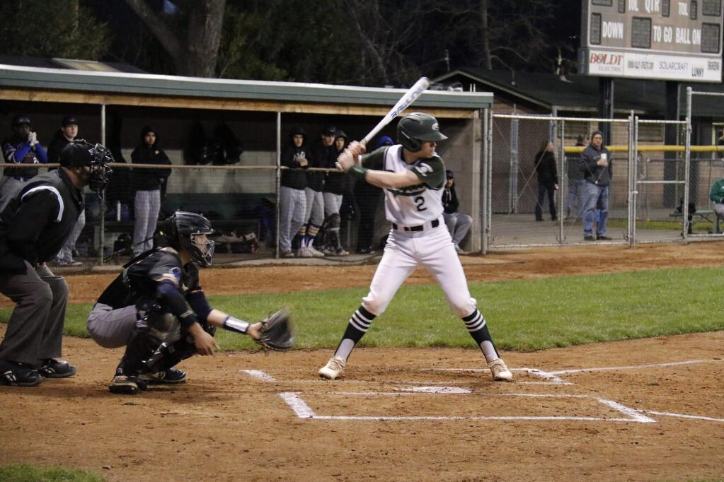 Logan Mak in action earlier this year. He launched one over the left-field fence in Monday night's game against Alhambra, sparking a 4-run 6th inning rally. The Dragons won the March 11 game, 7-2. (Christian Kallen/Index-Tribune)