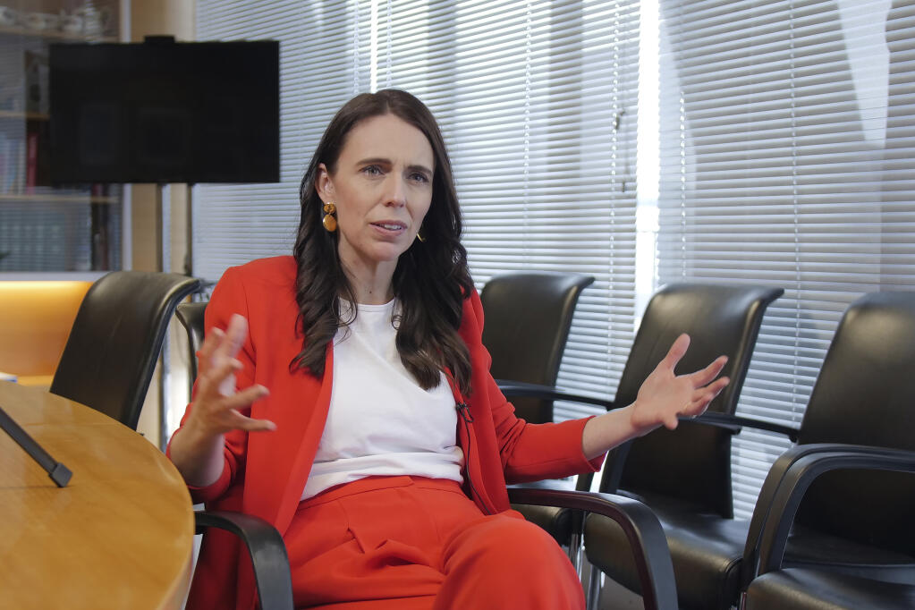 New Zealand Prime Minister Prime Minister Jacinda Ardern speaks during an interview in her office on Thursday, Dec. 8, 2022, in Wellington, New Zealand. (AP Photo/Hans Weston)
