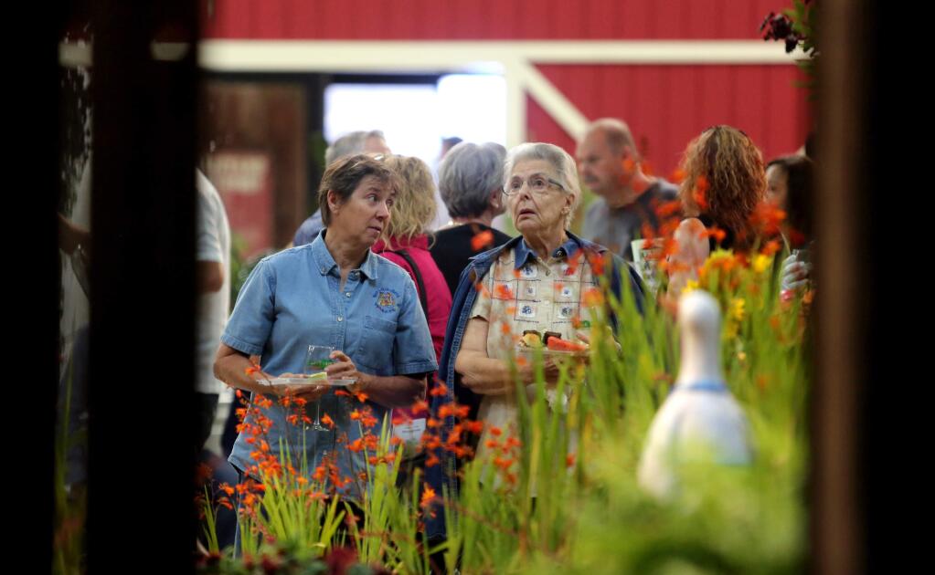 Lori Kunkle, left, and Pat Ruehmann, right, check out one of the displays during the Preview Party for the Sonoma County Fair Hall of Flowers, Thursday, July 23, 2015. (Crista Jeremiason / The Press Democrat)