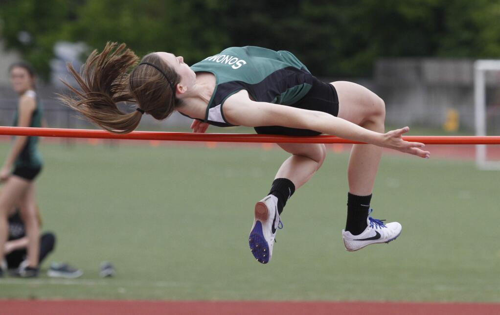 Bill Hoban/Index-Tribune file photo 2016Sonoma's Emma Maggioncalda clears the high jump bar at the Sonoma County League meet in 2016. Maggioncalda won the high jump Wednesday in a triangular meet at Healdsburg.