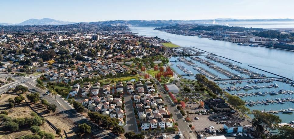 The Mariner’s Cove project on the Vallejo waterfront, seen in this south-looking composite aerial photo and architectural rendering, is planned to have 175 homes on 28 acres. (courtesy of Gates + Associates)