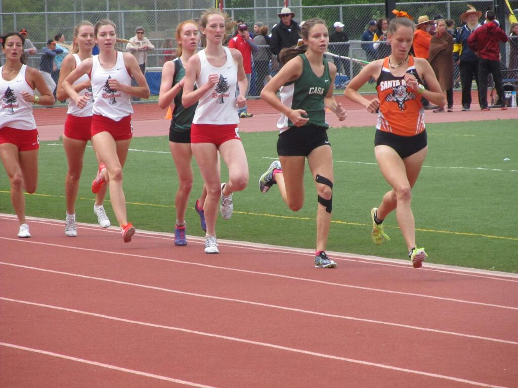 JOHN JACKSON/ARGUS-COURIER STAFFCasa Grande's Adria Barich runs close behind Santa Rosa's Delaney White in the 1600. White eventually pulled away, but Barich finished second, qualifying for the NCS Meet of Champions.