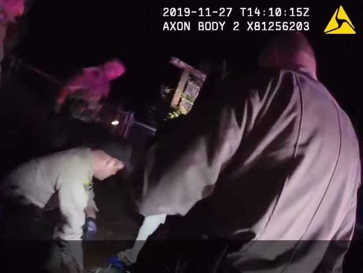 A screenshot from video released by the Sonoma County Sheriff's Office on Friday, Dec. 20, 2019, showing the encounter between a Bloomfield man and authorities which ended in the man's death at a hospital. (Sonoma County Sheriff’s Office)