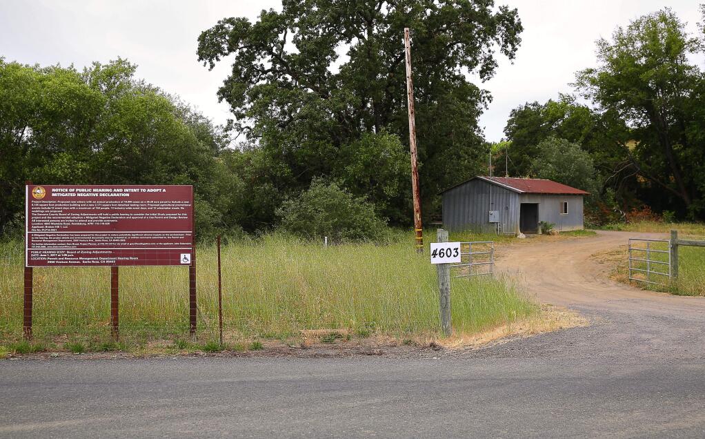 A public notice sign informs the community of the Broken Hill 1, LLC, proposal to build a winery on the 26.2 acre parcel, which will include an 8165 square foot production building and seperate 2171 square foot tasting room, at 4603 Westside Road, near Healdsburg. The winery is intended to produce 10,000 cases per year and host numerous event days.(Christopher Chung/ The Press Democrat)