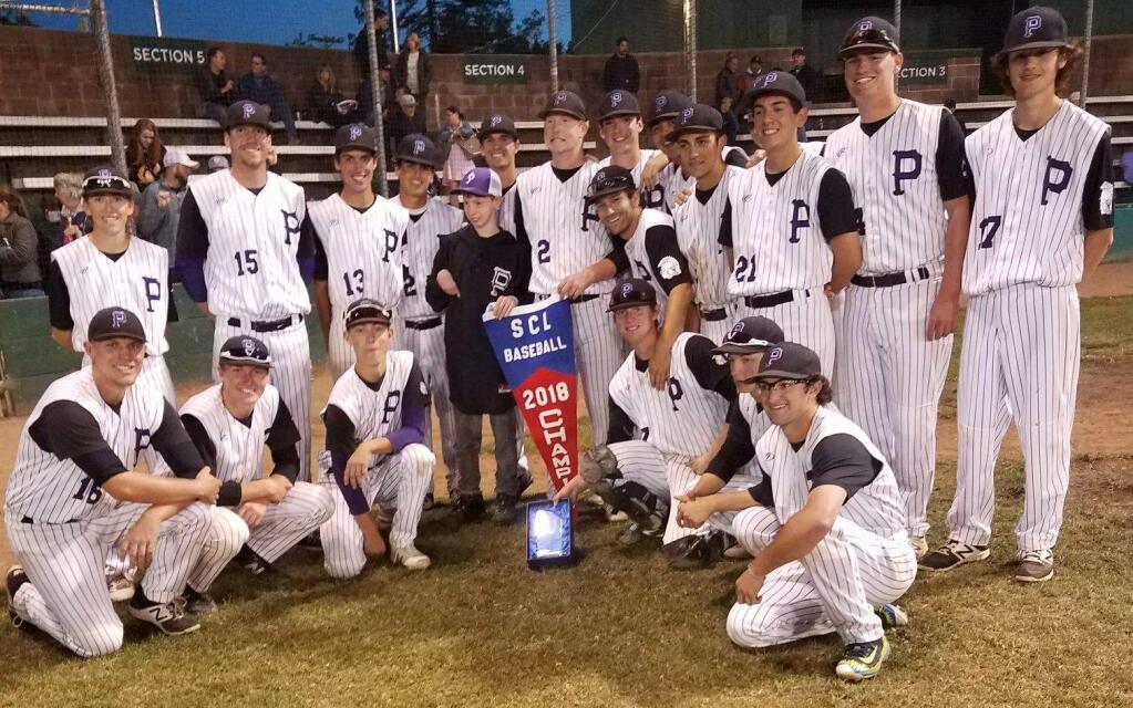 JOHN JACKSON/ARGUS-COURIER STAFFPetaluma Hifgh School's Trojans display the pennant and trophy they captured by winning the last Sonoma County League Tournament that will ever be played.