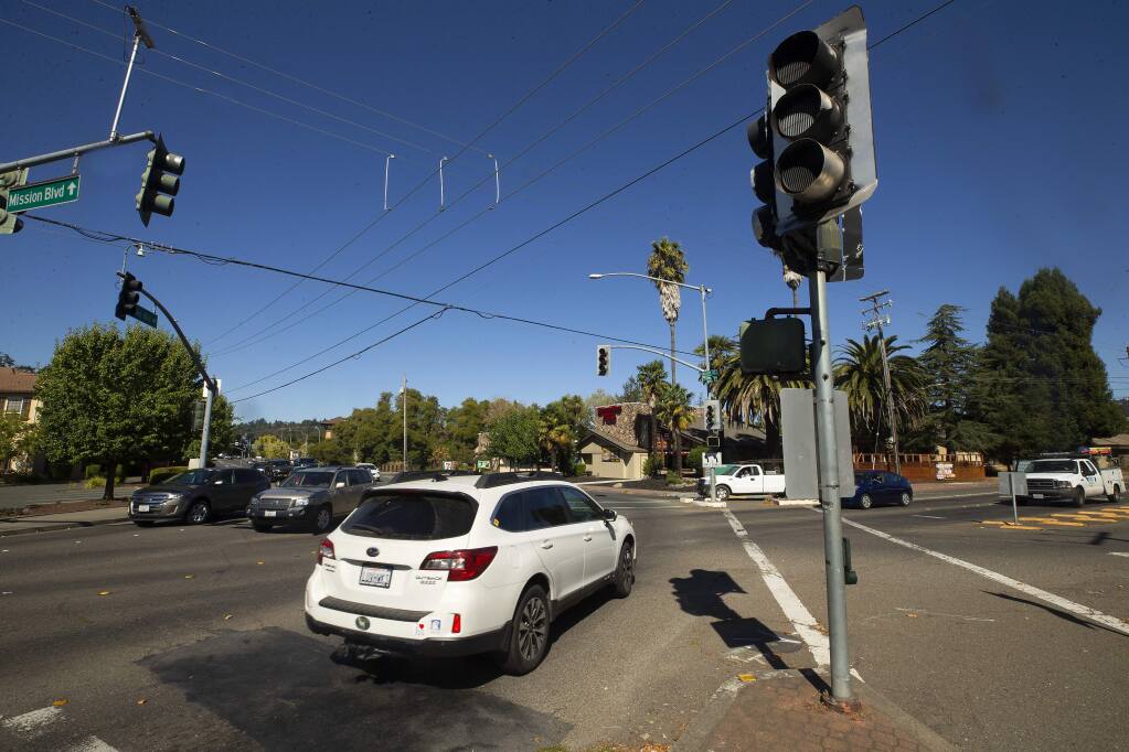 The intersection of Mission Boulevard and Montgomery Drive was a confusing jumble of cars without power for the signal lights on Wednesday. (John Burgess/The Press Democrat)