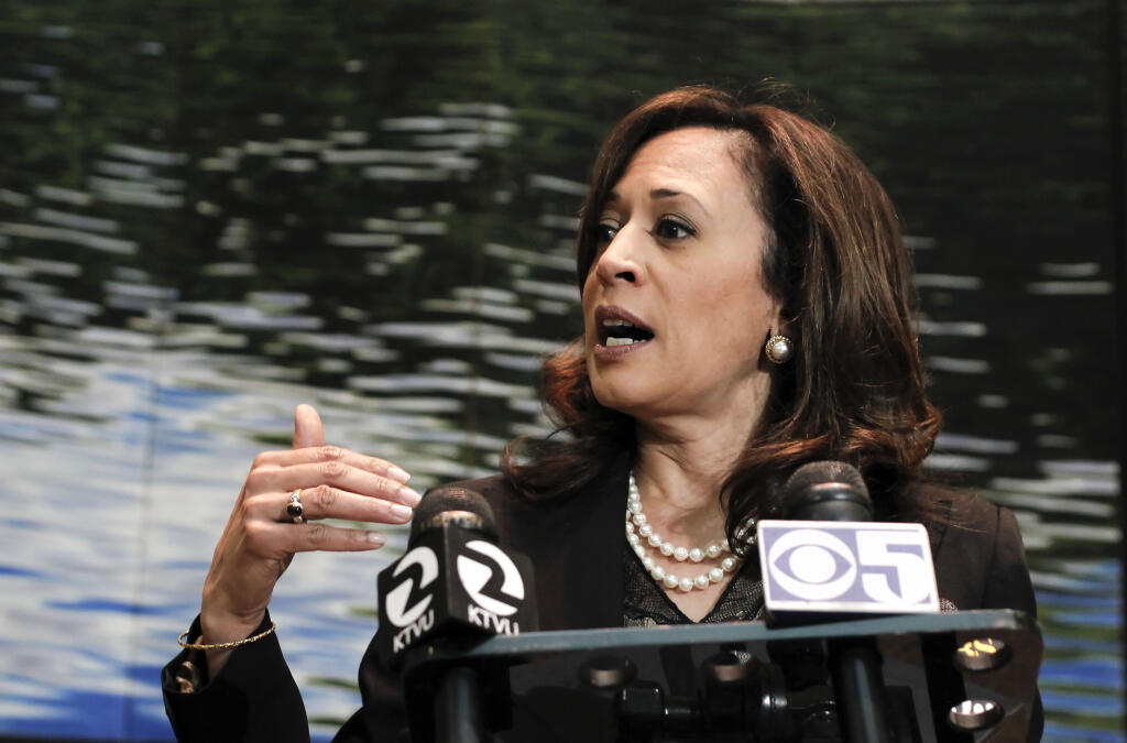 California State Attorney General Kamala Harris comments on the federal Secure Communities program, on Tuesday Dec. 4, 2012, at the State of California building in San Francisco, Calif. (Michael Macor/San Francisco Chronicle via AP)