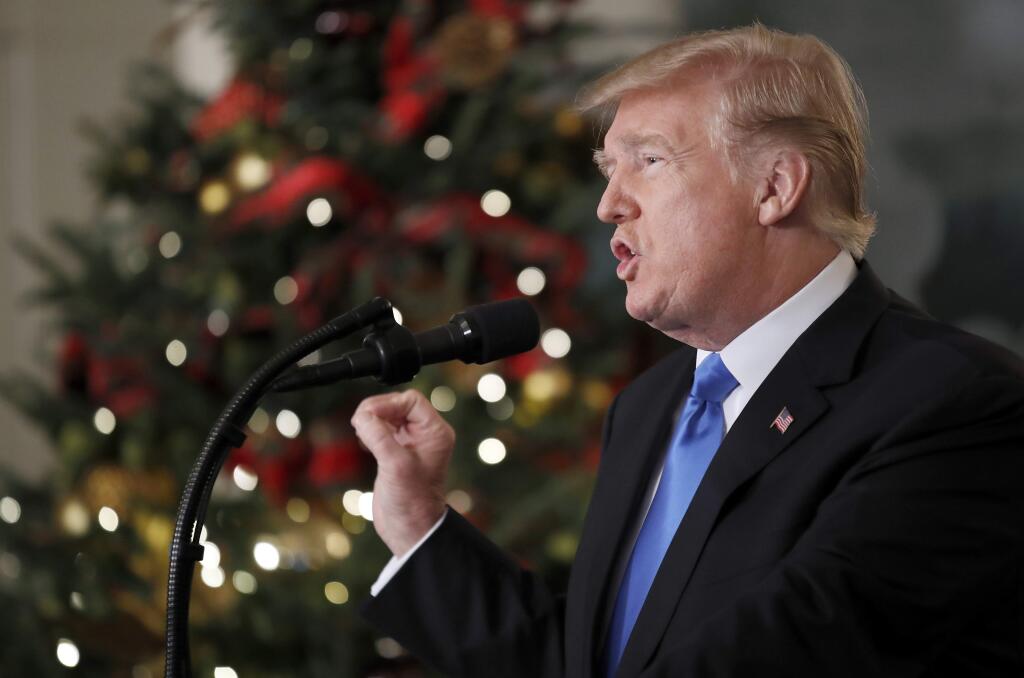 President Donald Trump speaks in the Diplomatic Reception Room of the White House, Wednesday, Dec. 6, 2017, in Washington. Trump recognized Jerusalem as Israel's capital despite intense Arab, Muslim and European opposition to a move that would upend decades of U.S. policy and risk potentially violent protests. (AP Photo/Alex Brandon)