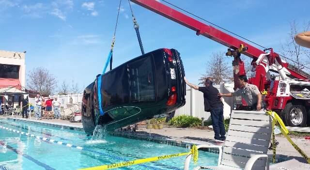 A car crash landed into the lap pool at the Airport Health Club in Santa Rosa, Friday, March 13, 2015. (PHOTO COURTESY PAUL LOWENTHAL)