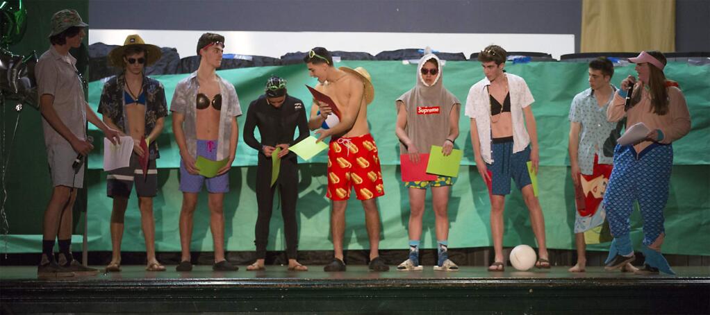 The beach-wear event at the Sonoma Valley High School's Mr. Dragon competition, a parody of beauty pageants, which took place in Golton Hall on Thursday, March 7. (Photo by Robbi Pengelly/ndex-Tribune) (Photo by Robbi Pengelly/Index-Tribune)
